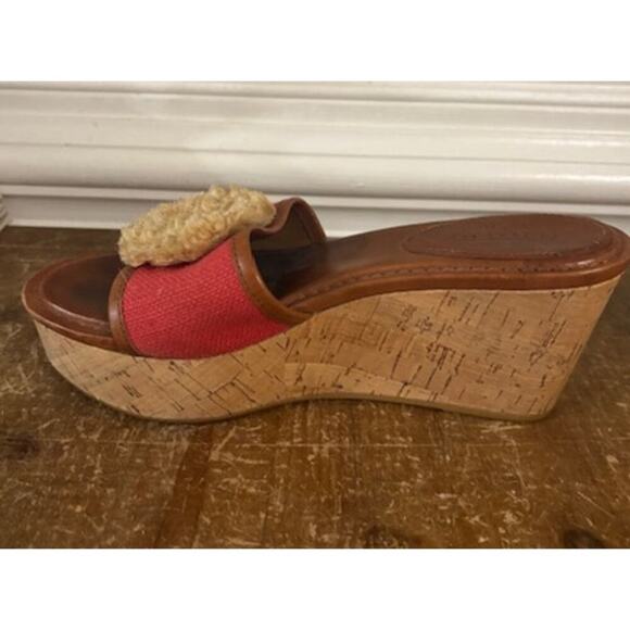 COACH JAZMIN PLATFORM WEDGE RED CANVAS Sandal Leather Size 6.5 - Picture 4 of 6